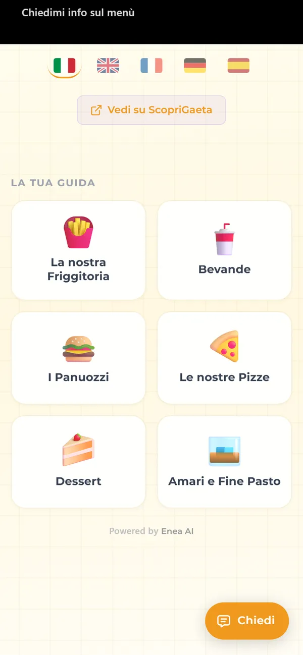 Le categorie del menu di Da Carrettella: friggitoria, panuozzi, pizze